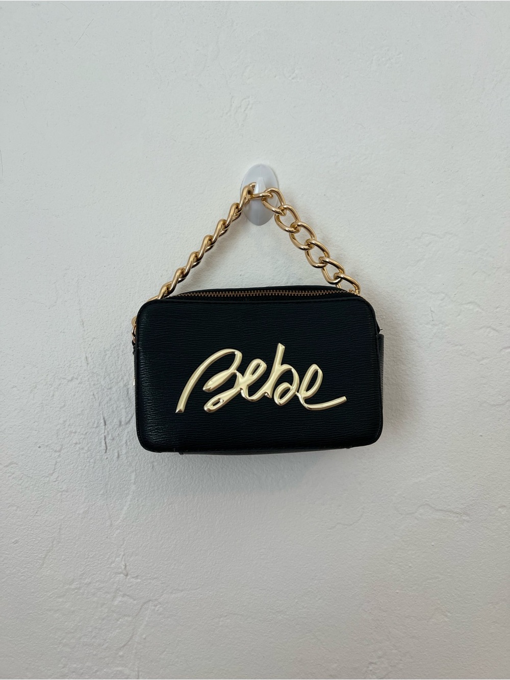 bebe Black Mini Crossbody with Gold Script Logo and Chain